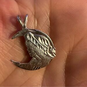 Sterling Silver 925 Crescent Half Moon Woman Wearing Hat Pendant vintage